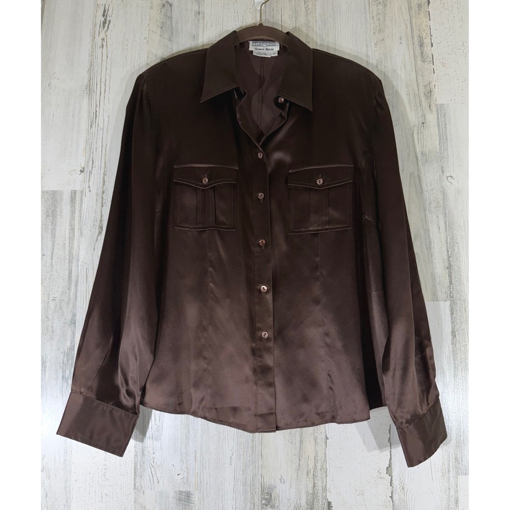 Starington Neiman Marcus Blouse 12 Brown Silk Satin Button Up Chest Pocket